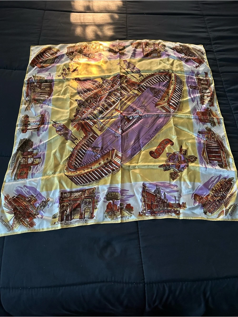 Silk-Feel Decorative Scarf in Gold and Purple - Roma Print